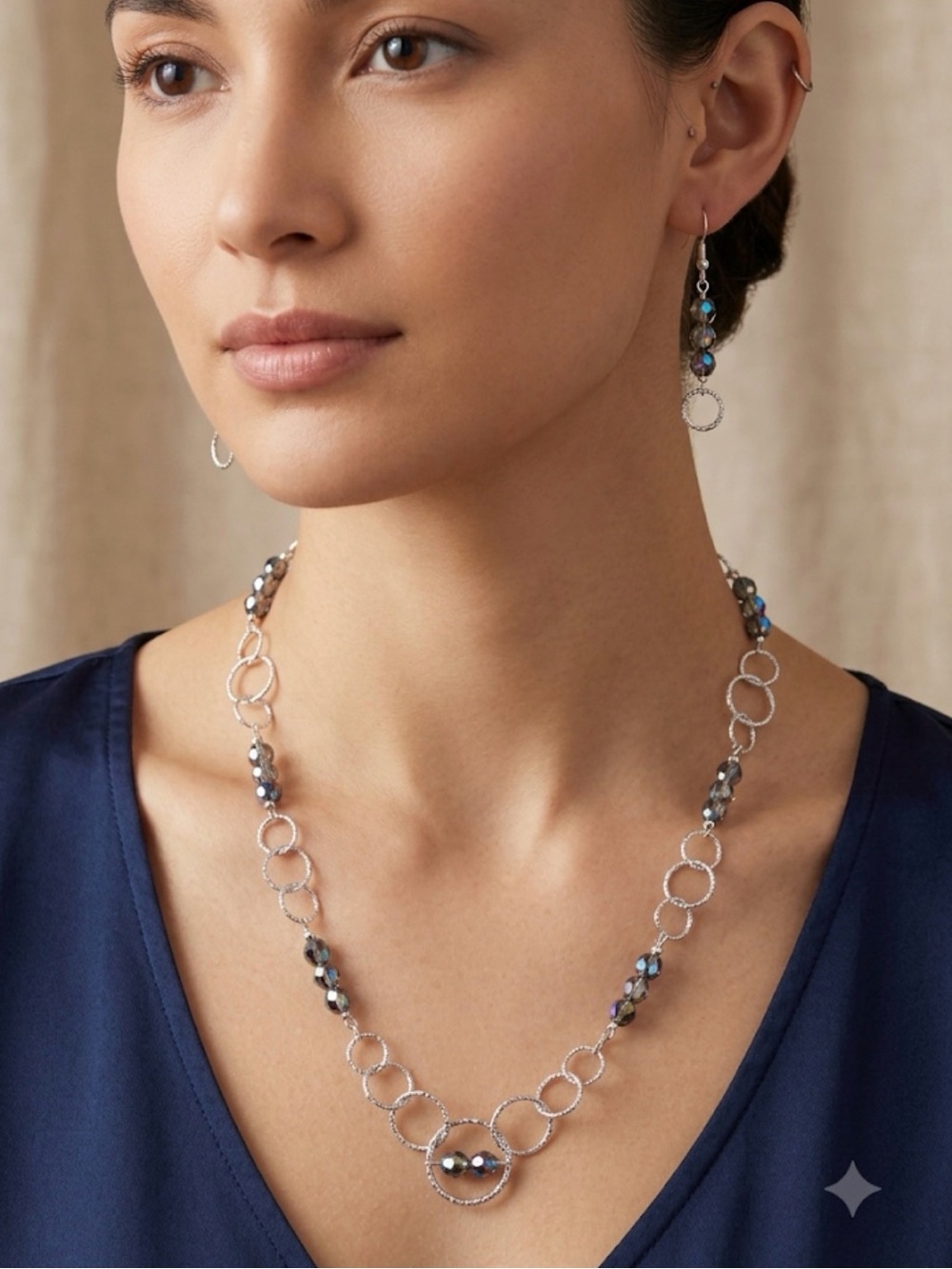 Silver Tone Ring and Multifaceted AB Glass Fidget Necklace and Earrings
